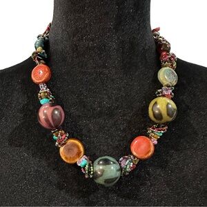 Multicolor Beaded Statement Necklace With Ceramic & Glass Accents